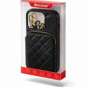 New in Box Bocasal Black Quilted Phone Case with Gold Accents Cross Body